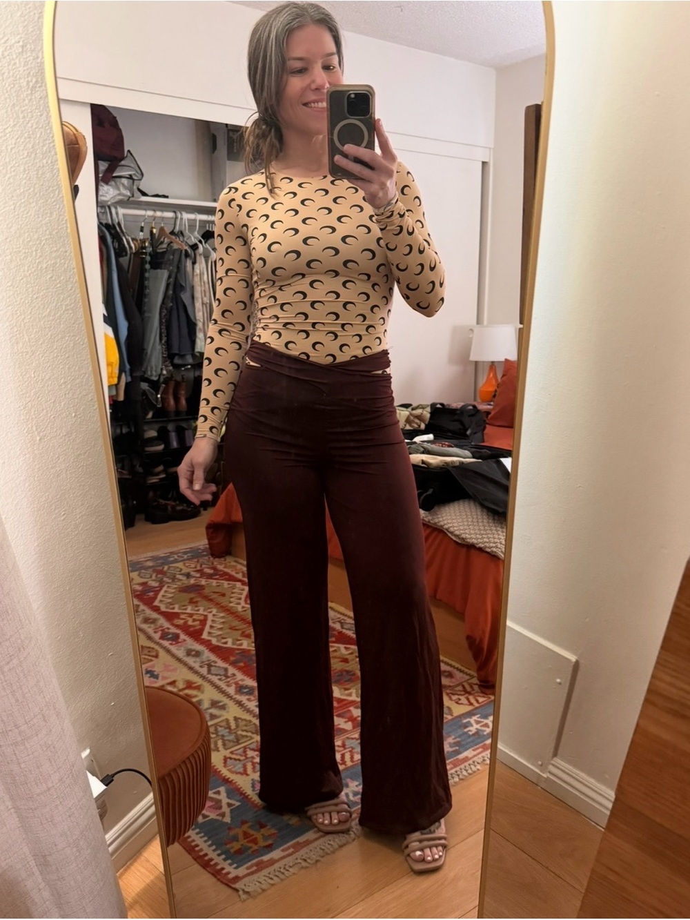 Marine Serre Brown Wrap-Waist Flare Pants